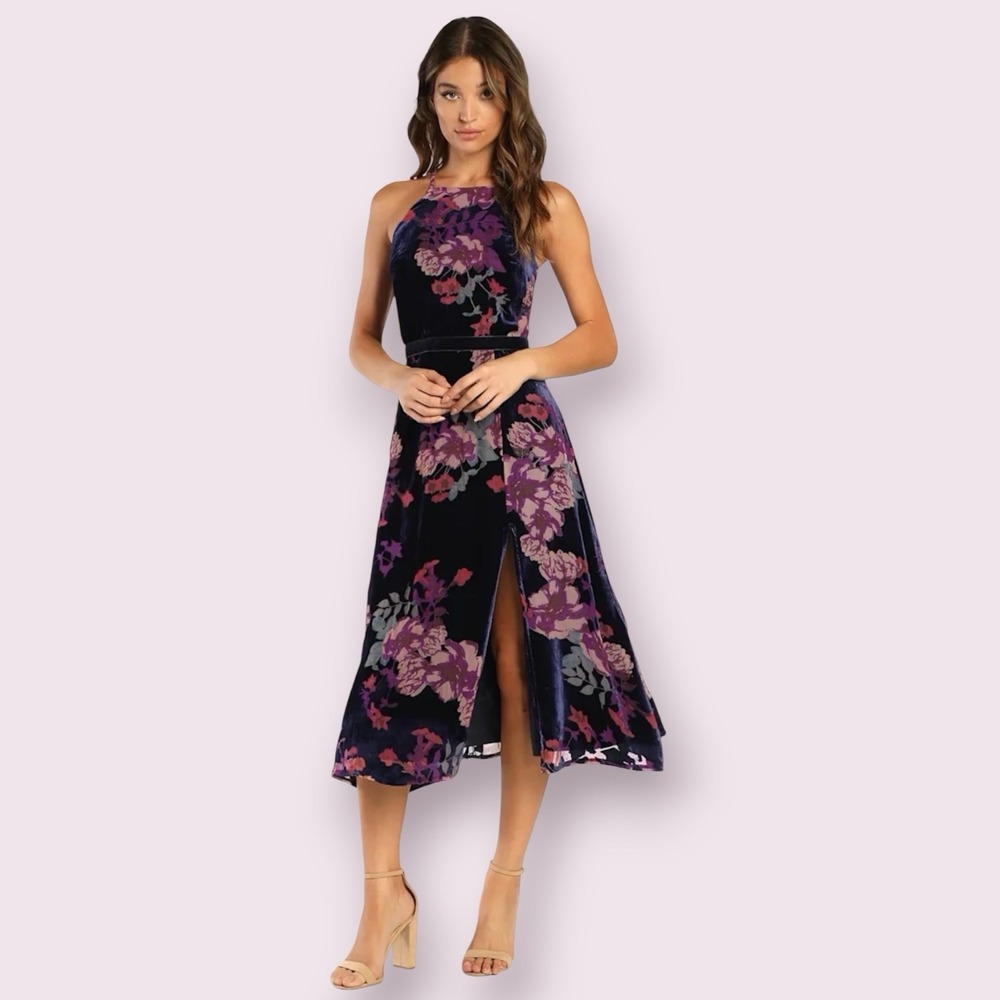 NWT Lulus Endearing Style‎ Navy Floral Burnout Velvet Halter Midi Dress Small - Picture 4 of 16